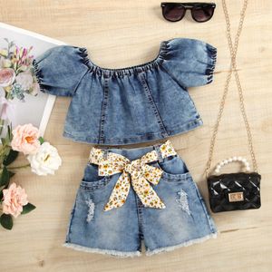 Abbigliamento per bambini in stile europeo americano Ragazze Estate Top a maniche corte Pantaloncini di jeans Split Set Neonati e bambini piccoli