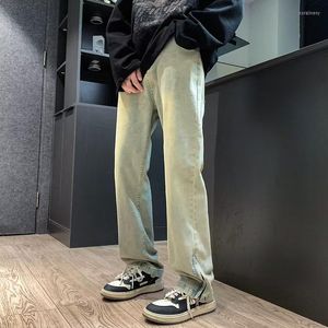 Jeans da uomo lavati gialli tinti di fango da uomo primavera autunno stile americano pantaloni da strada dritti pantaloni con cerniera apertura gamba casual