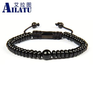 Bangle Ailatu Mens Bracelet Natural Black Onyx Flat bead Stone Macrame Adjustable Bracelet Nice Gift 6mm