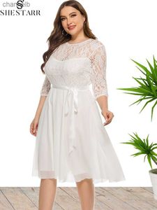 Casual klänningar Elegant spetschiffongparty klänning för kvinnor 2022 o-hals snörning upp midi aftonklänning 4xl 5xl plus size woman prom bröllopsklänningar l230520