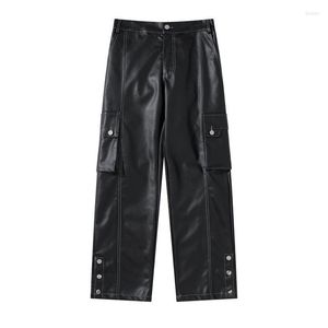 Men's Pants Fashion Black PU Faux Leather Men Straight Leg Pant Loose Trousers Unisex Streetwear Baggy Punk Dark Cargo