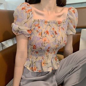 Kvinnors blusar skjortor Summer Floral Print Square Collar For Women Elegant Ladies Short Sleeve Chiffon Shirt Topps 230519