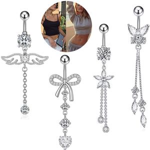 Navel Belly Button Rings Dingling Women Summer White Zircon Long Farterfly Wing Bow Knot rostfritt stål Piercing Body Jewlery 2023 NYTT