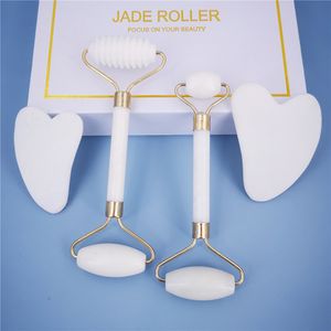 Ansiktsvårdsenheter Vit Jade Stone Massage Natural Quartz Scraper Jade Roller Gua Sha Set White Face Lifting Massager Tool för Back 230519