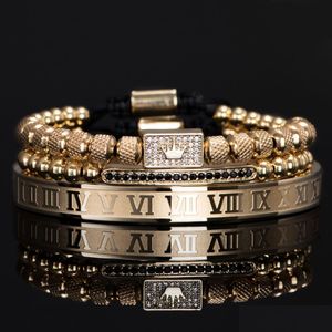 Braccialetti con ciondoli 3 pezzi / set Oro Royal King Crown Uomo Bracciale con numeri romani Design unico Braccialetto regolabile intrecciato Pseira Drop Delive Dhf3E