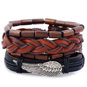 Beaded 4Pcs/Set Retro Genuine Leather Bracelets For Women Handmade Diy Angel Wing Mtilayer Woven Set Charm Couple Jewelry Drop Delive Dhywm