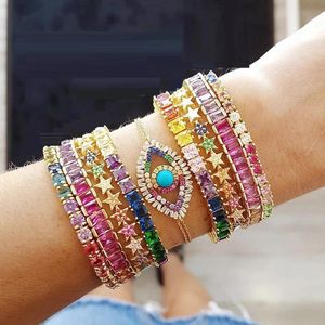 Bangle 2022 High Quality Crystal Rainbow Baguette Bracelet Bangle For Women Paved Clear AAA Cz Luxury Gold Plated Party Jewelry Gift