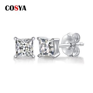 Pendientes Pendientes de tuerca de moissanita auténtica COSYA para mujer, 100% Plata de Ley 925, pendientes de diamantes de talla princesa clásicos, regalos de joyería fina