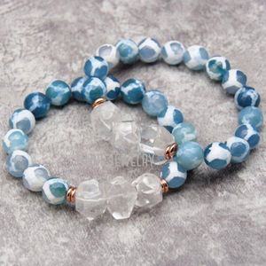 Bracciali BM27869 Bracciale con pepite di quarzo cristallo trasparente curativo Bracciale con perline di agata giraffa blu Braccialetti a strati