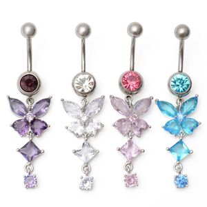 Navel Belly Button Rings Dingling Women Summer Beach Blue Pink Crystal Fjäril Långt rostfritt stål Piercing Body Jewlery 2023 NYTT