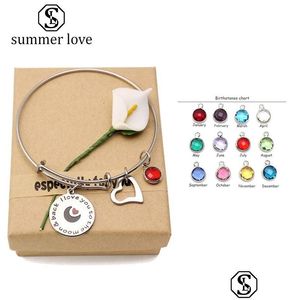 Bangle Wysokiej jakości serce ze stali nierdzewnej I Love You 12 kolor Birthstone Charm Bransoletka dla kobiet biżuteria mody prezent upuszczony Dhjnr