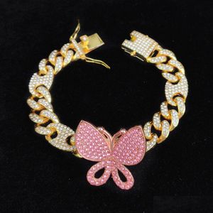 Cadeia Iced Out Diamond Women Jewelry Zircon Coffee Beans Cuban Link Gold Gold Pink Butterfly Bracelets Drop Delt Dh8zq