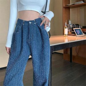 Jeans da donna Pantaloni a gamba larga larghi vintage da donna a vita alta Pantaloni casual con fibbia regolabile in denim lavorato a maglia blu