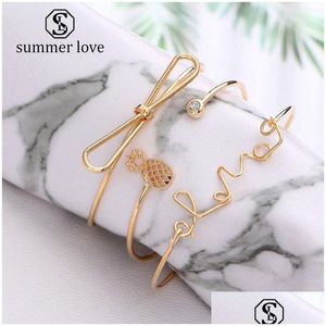 Chain Newest 3Pcs Set Pineapple Bow Love Letter Cuff Bangle Bracelet For Women Sier Gold Alloy Open Fashion Jewelry Drop Delivery Bra Dhxo4