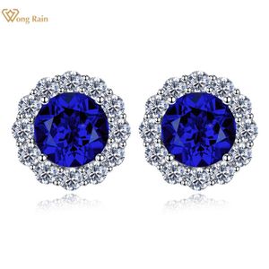 Stud Wong Rain 100% 925 Sterling Silver Round Sapphire High Carbon Diamonds Gemstone Ear Studs örhängen Fina smycken grossist