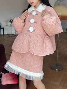 ワークドレス秋のピンクスイート2ピースセット女性ゆるいカワイイ韓国ヴィンテージスカートスーツ2023長袖ウールコートハイウエストミニ