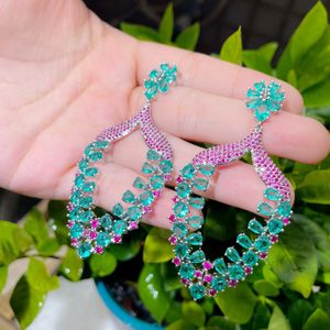 Knot CWWZircon Charming Rose Red Green Cubic Zirconia Crystal Flower Long Big Luxury Women Wedding Engagement Earrings Jewelery CZ918