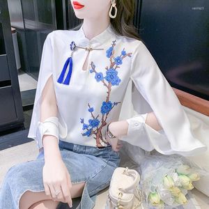 Women's Blouses 2023 Spring Summer Women Shirt Flying Sleeve Chiffon Blouse Stand Collar Retro Floral Printed Tops Blusa