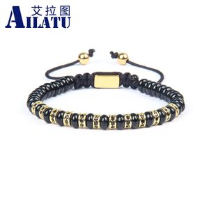 Bracelets Ailatu New Black Onyx Flatbead Macrame Bracelets with 6mm Black cz Spacer Beads