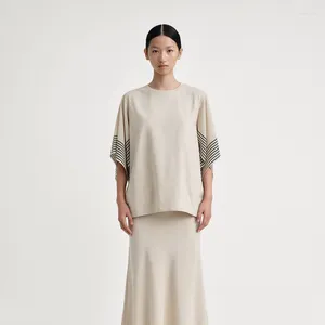 Kadın Tişörtleri Tote Patchwork Stripe Sleeve Gevşek Yuvarlak Boyun Kısa T-Shirt Kadın Pullover İlkbahar/Yaz 2023 Yüksek Kaliteli Navlun