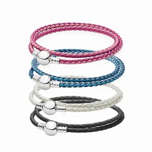 Bangle LR Double Loop Braided Leather Pan Bracelets 925 SilverBuckle Fit Original Beads Charms Jewelry Making Mother's Day