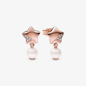 Luxury Rose Gold Lucky Star Pearl Dangle örhängen för Pandora Wedding Party Jewelry Designer Earring Set For Women 925 Silver Stud Earring With Original Box