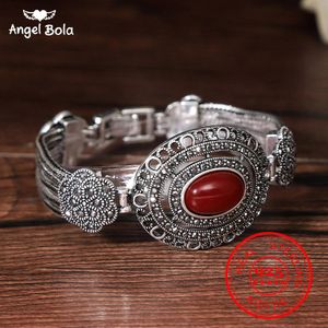 Armreifen natürlicher ovaler rot blaugrün Stein Vintage Schwarzer Kristallblume Thai Silber Armband Real 925 Sterling Silber Schmuck für Frauen