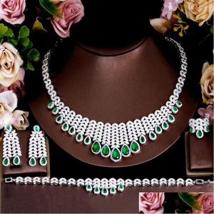 Earrings Necklace Set Luxury Big Chunky Cubic Zircon Leaf Fringed Green Bracelet Ring Women Bridal Statement Drop Dhgarden Dhx5L