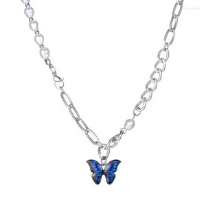 Kedjor Original Blue Bicolor Butterfly Pearl Splice Halsband Personlig sval stil tröja kedja modesmycken