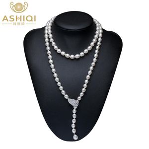 Naszyjniki Ashiqi 90 cm Hodowlany naturalny naszyjnik z perłami słodkowodnej 925 Srebrny łańcuch swetra mody kolokacja biżuterii dam
