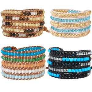 Bangle Kelitch Nya Crystal Beads Leather Armband 5 Wrap Armband Justerbar charm Kvinnor Sten Bangle Fashion Smycken gåvor Partihandel