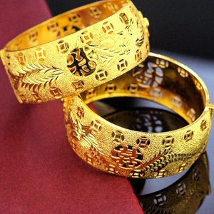 Bangle HOYON 999 Yellow Gold Plated Dragon Phoenix Double Happiness Bracelet For Women Brass Bride Wedding Jewelry Bangles 25X56CM