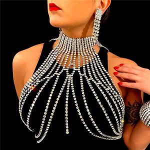 Erotic Sexy Shiny Bikini Long Tassel Bra chain Rhinestone Underwear body chain Rhinestone Stage nightclub performance clothes 1205