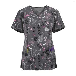 Women's Blouses Print Plus Size Nursing Scrubs Women Blouse Short Sleeve Working Uniforms Top Tshirt V-neck Pocket Tops