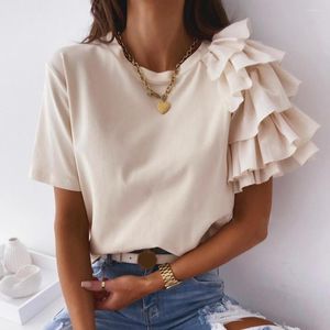 Women's Blouses Fashion Ladies Blouse Elegant Solid Color Layered Ruffle Short Sleeve Asymmetric Loose T-shirt Top Summer Women