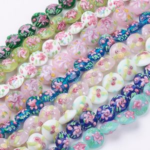 Crystal 24pcs Handmade Bumpy Lampwork Beads Flat Round with Flower Beads for DIY Bracelet Jewelry Making Accessories 17~20.5x10~14mm