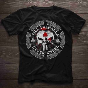 As camisetas masculinas até Valhalla nunca se ajoelham. Valknut Rune Viking Warriors Skull T-shirt. Algodão de verão de algodão curto-pescoço o-pescoço camiseta nova s-3xl