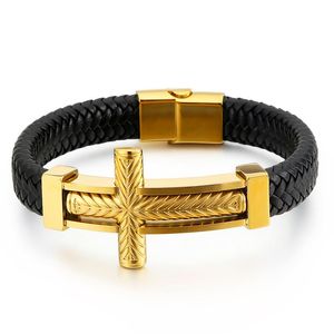 Bracelets Fashion Men Color Black Gold Stainless Steel Religion Cross Magnetic Weave Leather Bracelets Jewelry
