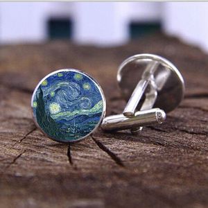 Van Gogh Art Painting Starry Night Girlower Cufflinks redondo vidro Cabochon Camise