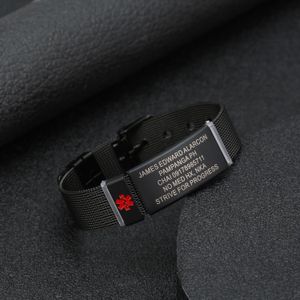 Bracciale personalizzato ID medico per uomo e donna Bracciale lungo 20 cm Catena per orologio nero Sport in acciaio inossidabile ID avviso medico Regali di gioielli