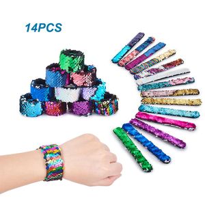 ブレスレット14PCS 21cmスラップブレスレット25mm Twocolor Reversible Charm Sequins Flip Wristbands Bracelet for Kids Adults Party Parvors