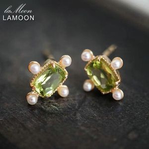 Stud Lamoon Vintage Natural Peridot Stone Stude Forring For Women Shell Pearl 925 Sterling Srebrny złoto Elegancki prezent EI018