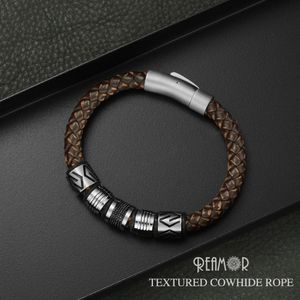 Bangle REAMOR New Classic Men Handcraft Genuine Leather Bracelet Stainless Steel Matte Button Clasp Bangles Jewelry Dropshipping