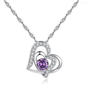 Collane con ciondolo Regalo di San Valentino Gioielli di moda Collana a doppio cuore Zircone viola Lunghezza catena 45 cm