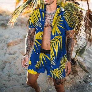 Herrspårar 2023 män sätter bladverk 3d lapel kort ärm avslappnad skjorta strand shorts sommar streetwear semester hawaiian kostymer s4xl 230520