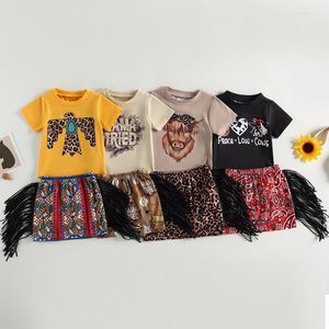 Clothing Sets 2023-03-17 Lioraitiin 0-4Years Toddler Girl 2Pcs Outfit Short Sleeve O Neck Tops Eagle Print Tassel Skirt Western Cowboy