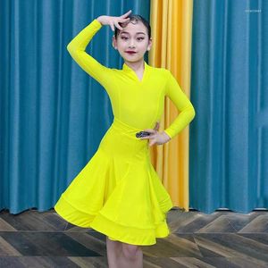 Bühnenkleidung Ballsaal Tanzwettbewerb Kleid Mädchen Fluoreszierende gelbe lateinische Kinder Performance-Übungskleidung DWY8843