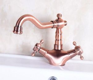 Kitchen Faucets Antique Red Copper Brass Dual Cross Handles Bathroom Basin Sink Faucet Mixer Tap Swivel Spout Deck Mounted Mnf256