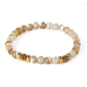 Strand Beads Jewelry Natural Stripe Grey Brown Semi Precious Stone Bead Inlay Zircon Charms Standard Beaded Unisex Bracelet