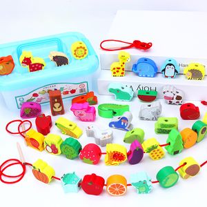 Party Games Crafts 42pcs Montessori Wooden Lacing Beads Toy Cartoon Animals Shaped Fruit String Threading Autism Toys for Children Preschool Gifts 230520